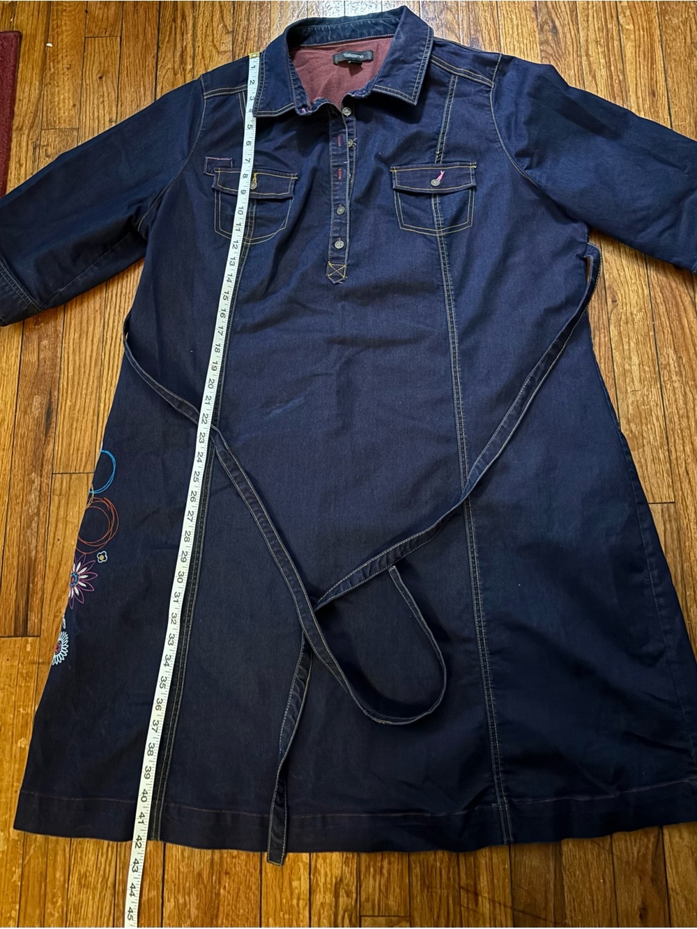 Taillissime Dark Navy Denim Midi Shirt Dress with Tie Waist